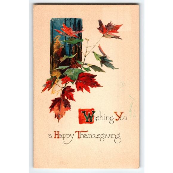 Vintage 1925 Thanksgiving Postcard Red Maple Leaves Gibson Lines - Picture 1 of 2
